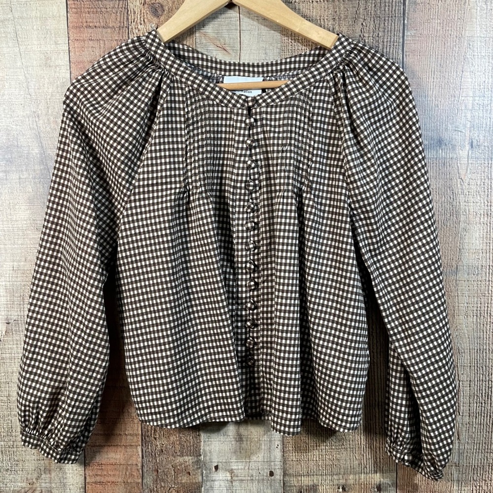 Reformation Adeline Top Anzo Check Brown Gingham Puff Sleeve Blouse Small